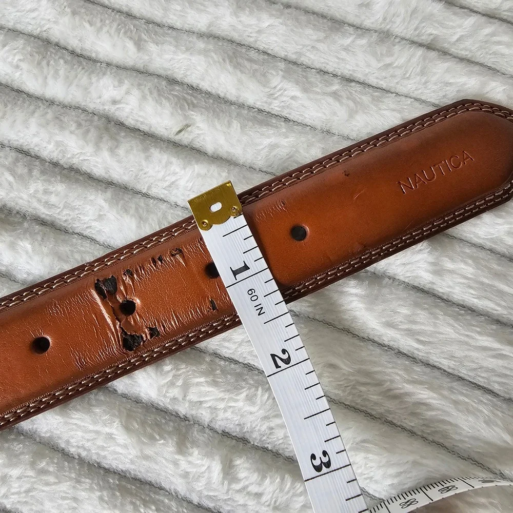 Nautica Mens Coated Leather Stitch Detail Belt 34 Brown Classic Preppy